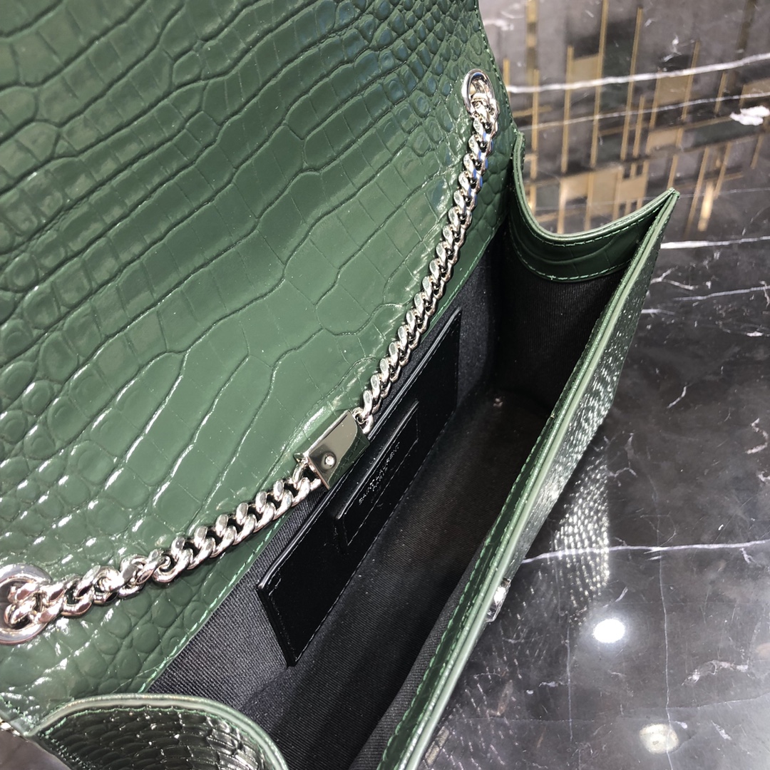 Saint Laurent Kate Tassel Medium Crocodile Embossed Calfskin Shoulder Bag Army Green 354119 Silver